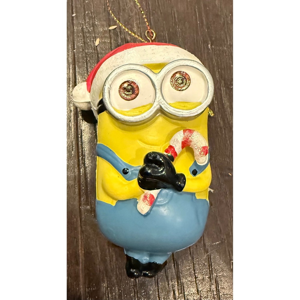 Universal Studios 3.5" Ornament Yellow Minion Santa Hat Candy Cane Holiday